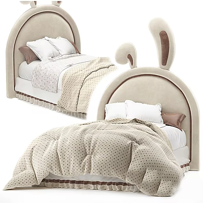 Beige Kids Bed With Rabbit Ear Headboard And Polka Dot Quilt 3d model