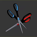 Two Crossed Scissors With Red And Blue Handles And Metal Blades On Dark Background
