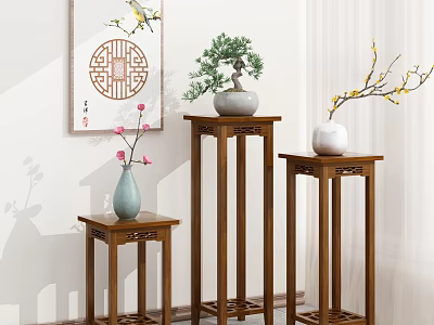 Indoor Chinese Style Wooden Flower Stands With Plants And Vases 3d model
