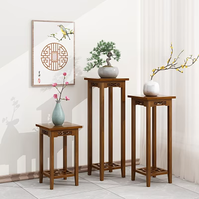 Indoor Chinese Style Wooden Flower Stands With Plants And Vases 3d model