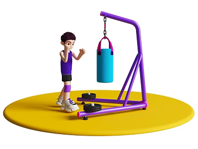 Man Punching Blue Punching Bag on Purple Stand with Dumbbells on Yellow Platform 3d model