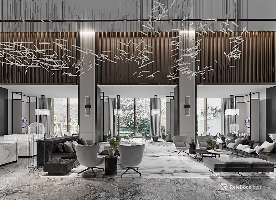 Modern Sales Office Interior With Elegant Chandeliers Comfortable Sofas And Marble Flooring 3d model 