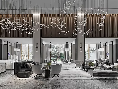 Modern Sales Office Interior With Elegant Chandeliers Comfortable Sofas And Marble Flooring 3d model