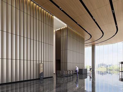 Elegant Modern Front Desk Reception Lobby with wooden walls marble floors and glass curtain walls 3d model