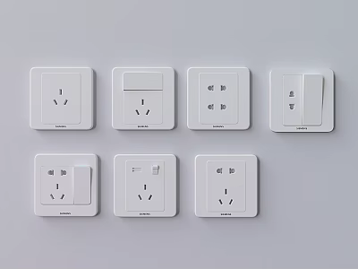 White Switch Panels Featuring Various Switches and Sockets Neatly Arranged in Modern Home Design 3d model