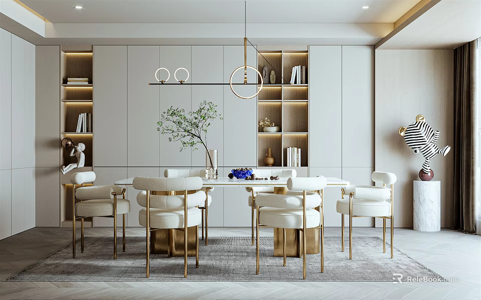 Elegant Modern Dining Room Interior With Round Table White Chairs Gold Legs And Pendant Light 3d model 
