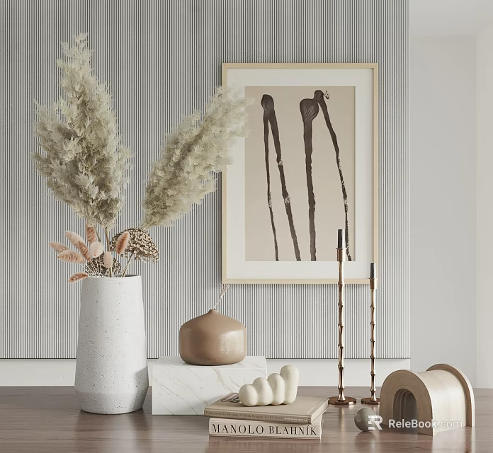 Modern Decorative Ornament Set With White Vase Pampas Grass Gold Candle Holder And Abstract Painting 3d model 