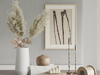 Modern Decorative Ornament Set With White Vase Pampas Grass Gold Candle Holder And Abstract Painting 3d model