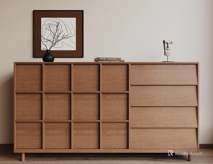 Wooden Entryway Cabinet Side Cabinet With Grid Design Drawers Vase Books And Wall Art 3d model 
