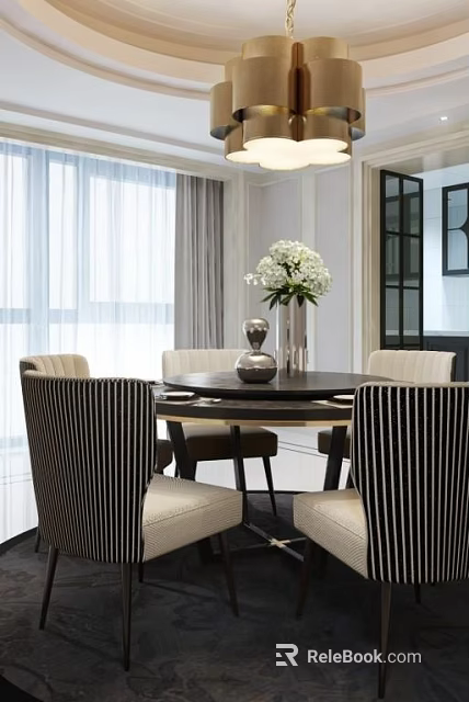 Elegant Round Dining Table Set With Striped Chairs And White Flower Vase 3d model