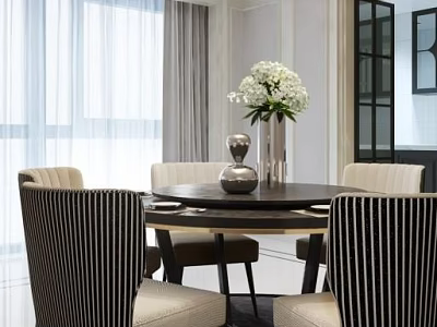 Elegant Round Dining Table Set With Striped Chairs And White Flower Vase 3d model