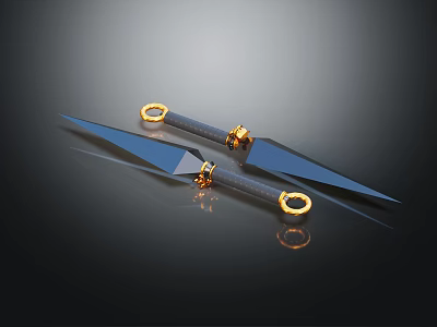 Stylish Daggers With Blue Blades Black Handles And Golden Accents On Reflective Surface 3d model