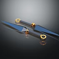 Stylish Daggers With Blue Blades Black Handles And Golden Accents On Reflective Surface