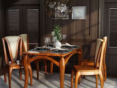 Wooden Dining Table And Chairs With Tableware Green Plant Dark Wood Walls And Chandelier 3d model