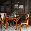 Wooden Dining Table And Chairs With Tableware Green Plant Dark Wood Walls And Chandelier