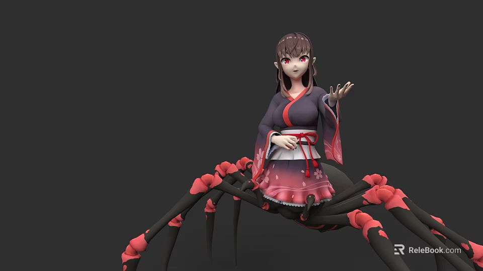 Anime Style Woman in Traditional Kimono with Black and Red Spider Legs Design 3d model 
