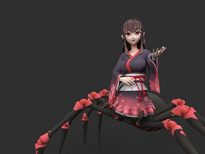 Anime Style Woman in Traditional Kimono with Black and Red Spider Legs Design 3d model