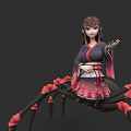 Anime Style Woman in Traditional Kimono with Black and Red Spider Legs Design
