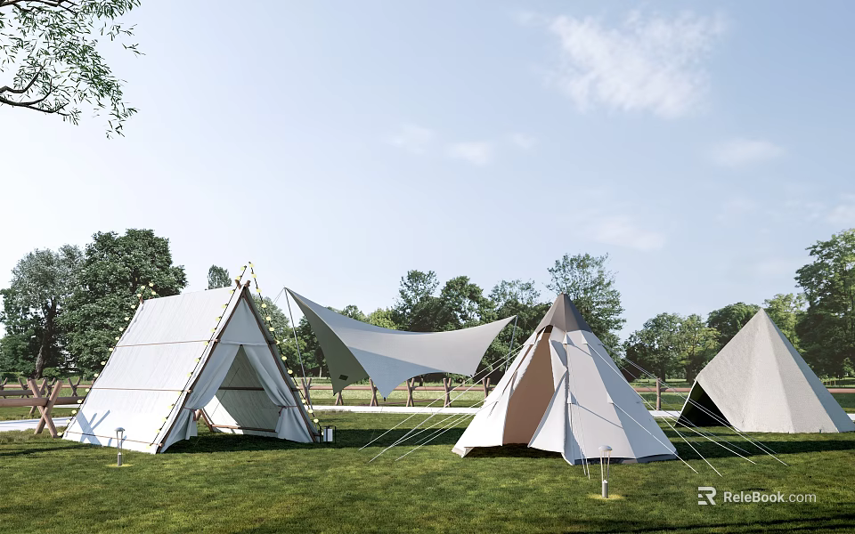 Outdoor Camping Tents Arranged On Green Grass With Trees And Blue Sky 3d model 