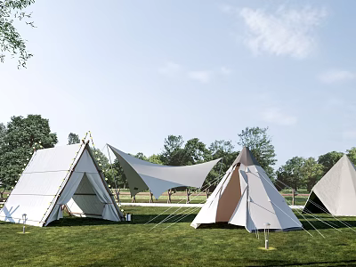 Outdoor Camping Tents Arranged On Green Grass With Trees And Blue Sky 3d model