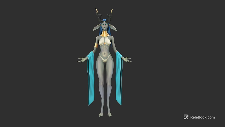 Game Movie Fantasy Character With Horns Blue Skin Golden Collar Arm Bands And Blue Robe 3d model 