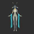 Game Movie Fantasy Character With Horns Blue Skin Golden Collar Arm Bands And Blue Robe