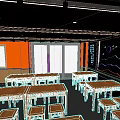 Open Restaurant Interior With Wooden Dining Tables Orange Walls And Landscape Decor