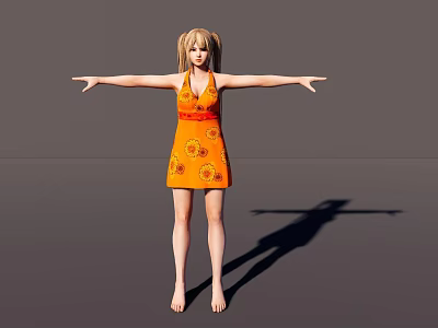 Woman In Orange Sunflower Patterned Dress With Arms Outstretched Standing On Gray Background 3d model
