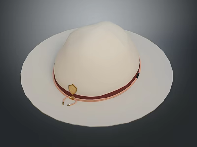 Classic White Wide Brim Hat with Brown Band and Golden Buckle Decoration 3d model