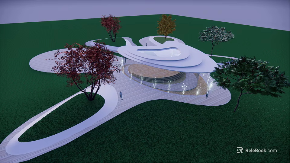 Modern Outdoor Landscape Design With Curved Pathway And Circular Structure Trees And Lighting 3d model 