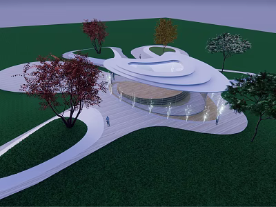 Modern Outdoor Landscape Design With Curved Pathway And Circular Structure Trees And Lighting 3d model
