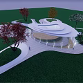 Modern Outdoor Landscape Design With Curved Pathway And Circular Structure Trees And Lighting