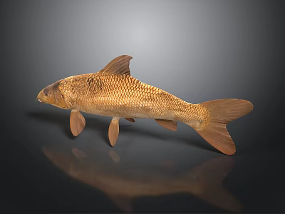 Realistic Golden Carp Fish With Shiny Scales And Reflection On Dark Background 3d model