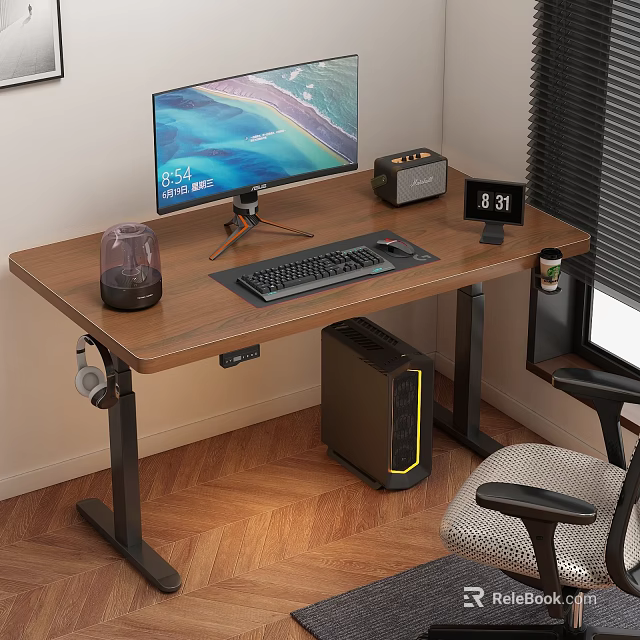 Modern Work Desk with Monitor Keyboard Mouse Speaker Desk Lamp PC Tower and Office Chair 3d model 