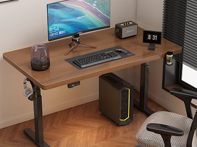 Modern Work Desk with Monitor Keyboard Mouse Speaker Desk Lamp PC Tower and Office Chair 3d model