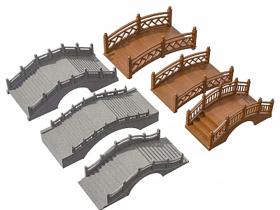 Different Styles Of Arched And Stepped Landscape Bridges With Stone Wooden Materials Decorative Railings 3d model