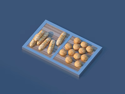 Wooden Tray With Long Sesame Bread Sticks And Round Pastries On Blue Background 3d model