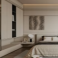 Modern Minimalist Bedroom Interior With Platform Bed Nightstand Decorative Art And Blinds