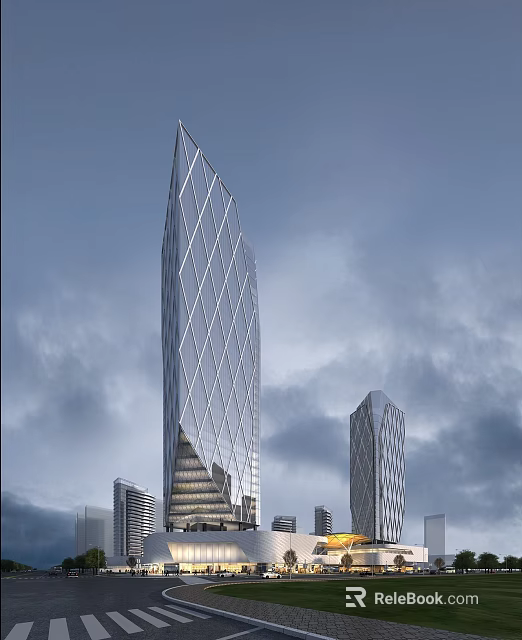 Modern Tall Office Building With Geometric Glass Facade And Urban Skyline 3d model 