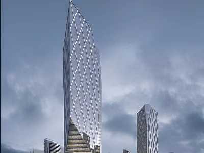 Modern Tall Office Building With Geometric Glass Facade And Urban Skyline 3d model