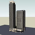 Two Modern Tall Office Towers With Glass Curtain Walls And Evening Lighting