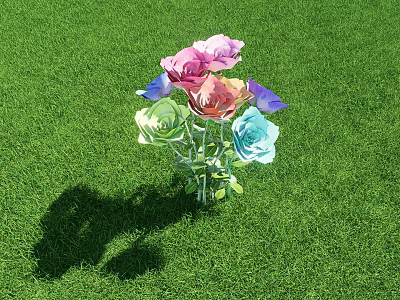 Colorful Roses Bouquet With Vibrant Petals On Lush Green Grass 3d model