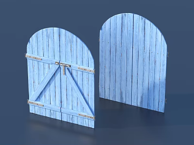Garden Courtyard With Blue Arched Wooden Doors And Stylish Outdoor Design 3d model