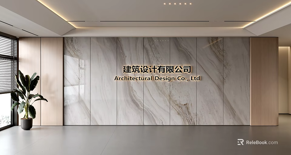 Modern Architectural Office Background Wall With Marble Design Sleek Lighting And Wooden Accent 3d model 