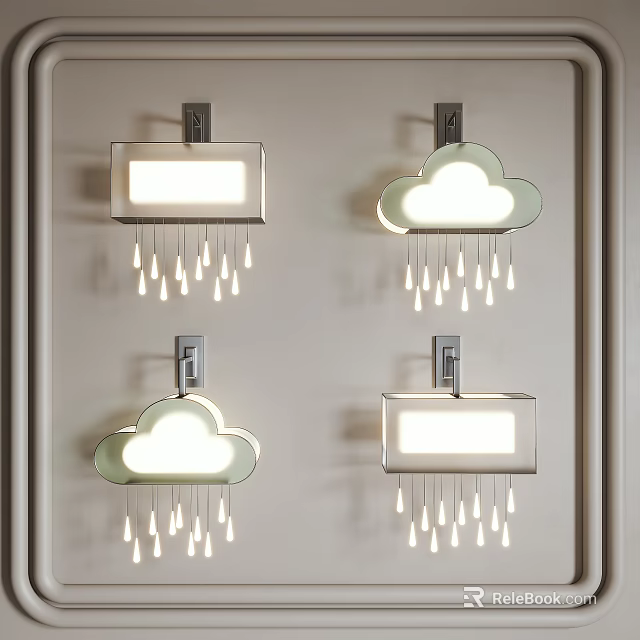 Illuminated Cloud Shaped And Rectangular Wall Lamps With Water Drop Decorations Mounted On Wall 3d model
