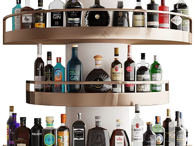 Elegant Home Bar Tiered Rack with Organized Wine Bottles and Decorative Glasses 3d model