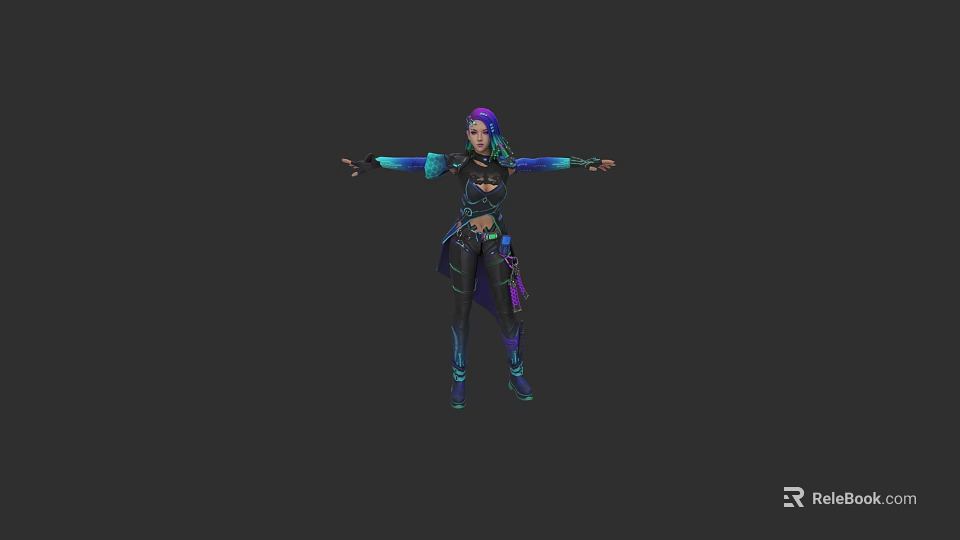Game and Movie Character With Purple Blue Hair Black Outfit And Outstretched Arms 3d model 
