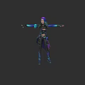 Game and Movie Character With Purple Blue Hair Black Outfit And Outstretched Arms