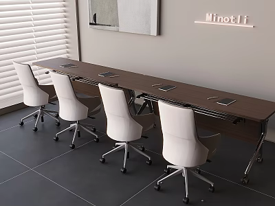 Modern Office Table and Chairs Set with Long Wooden Top White Rolling Chairs 3d model
