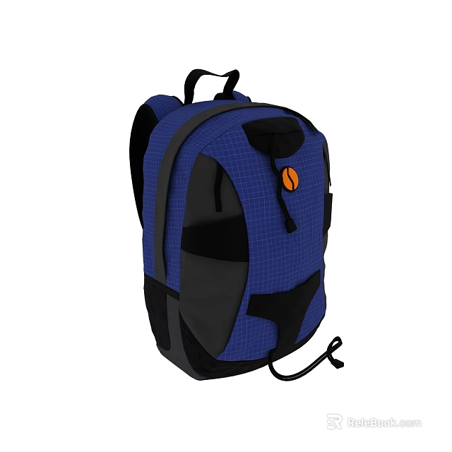 Blue And Black Grid Pattern Backpack With Orange Circular Logo And Black Straps 3d model